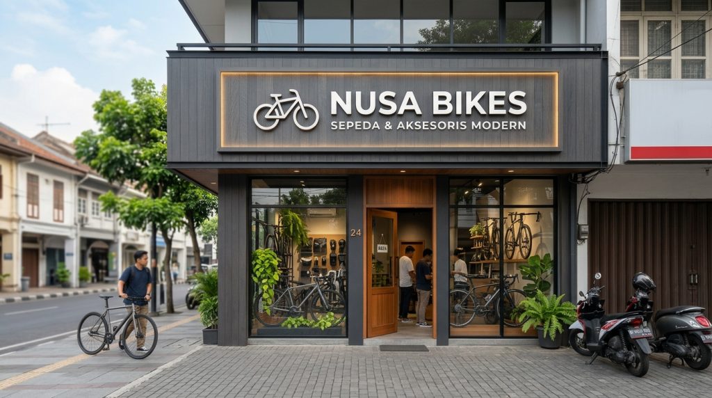 Papan nama toko unik dan modern di fasad bangunan. AI