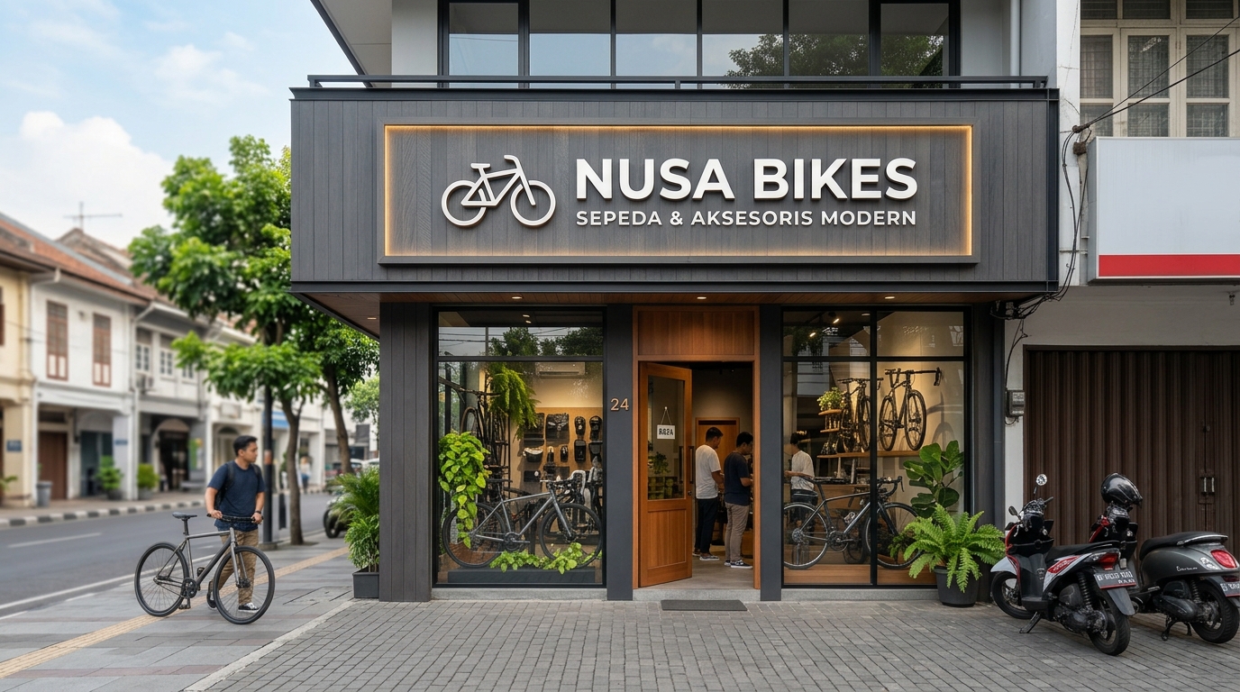 Papan nama toko unik dan modern di fasad bangunan. AI